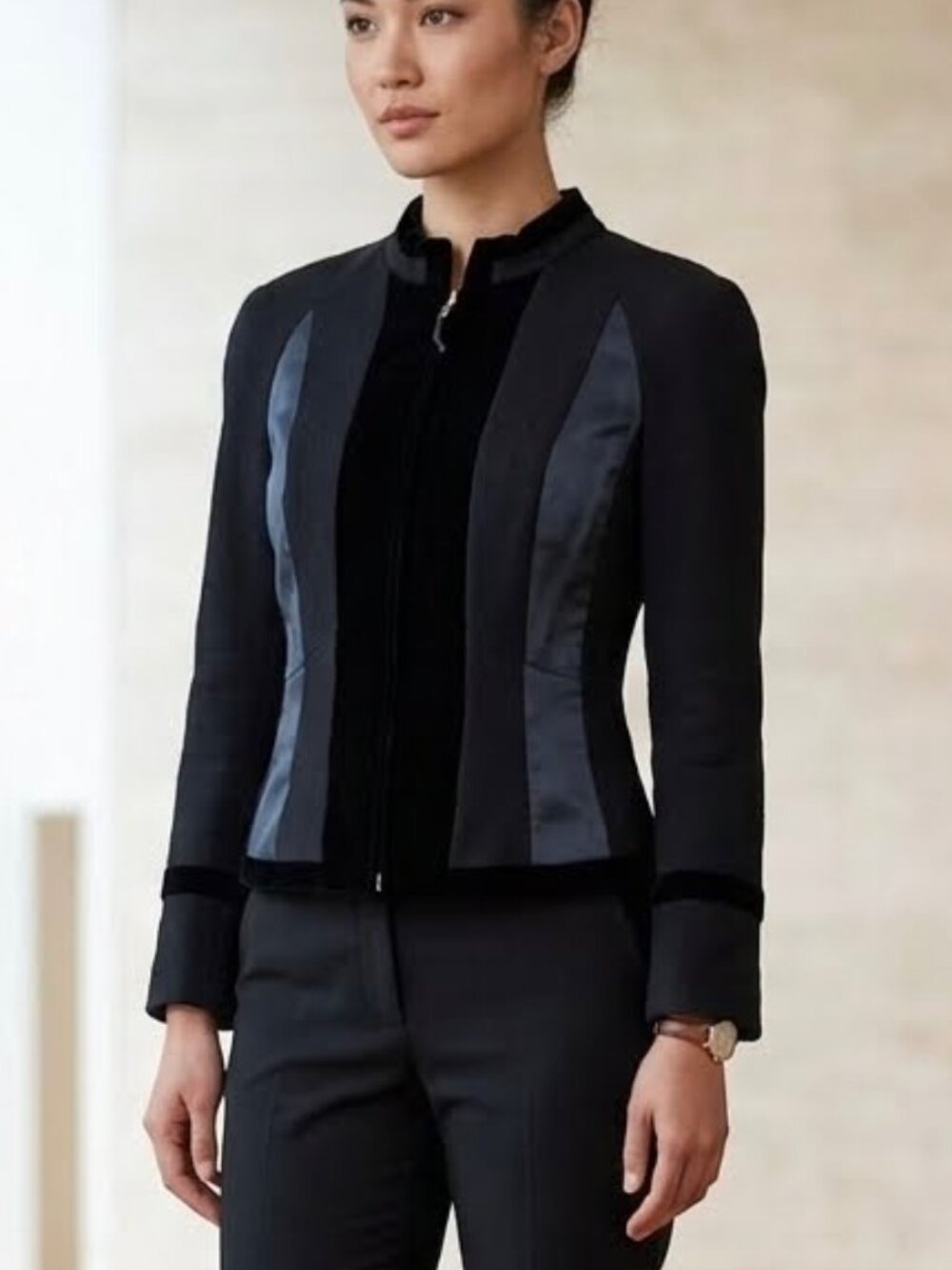 Giorgio Armani Black and Charcoal Fitted Zip-Front Jacket